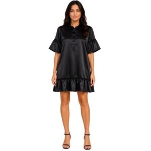 Marielle Almelo Black Satin Ruffle Hem Button Down Shirt Dress Large